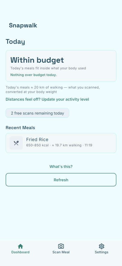 Snapwalk's dashboard after logging a fried-rice meal: Within budget, today's meals about 20 km of walking if you had to walk them off, and the meal listed with its calorie range