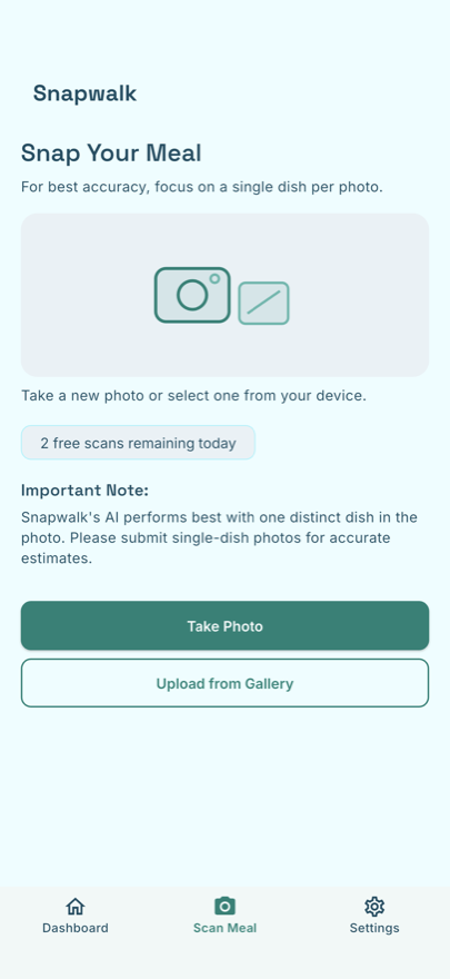 Snapwalk's Scan Meal screen, showing the take-photo and upload options and the free scans remaining today